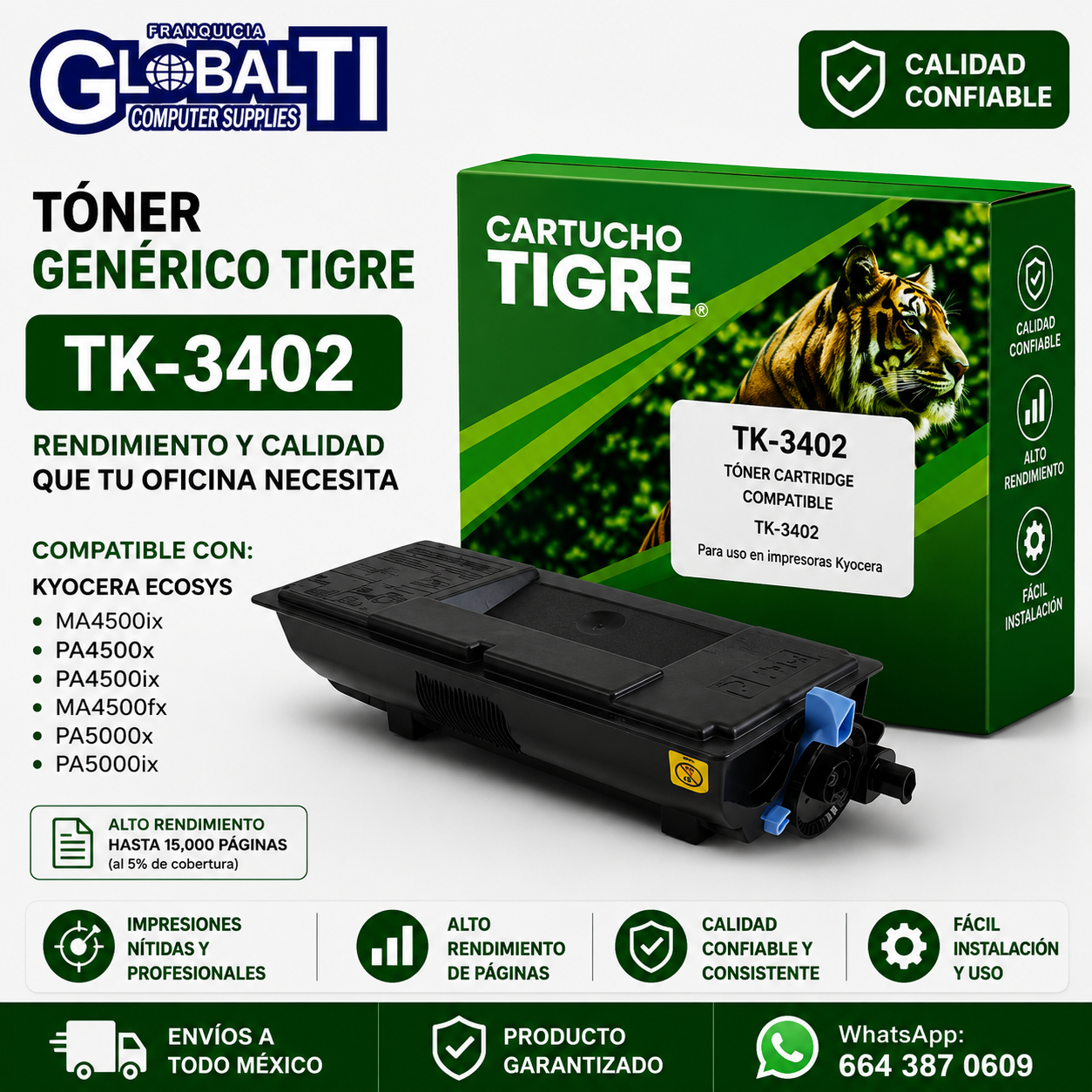 Tóner Genérico Tigre TK-3402 Negro Calidad Estándar para 12,500 páginas.