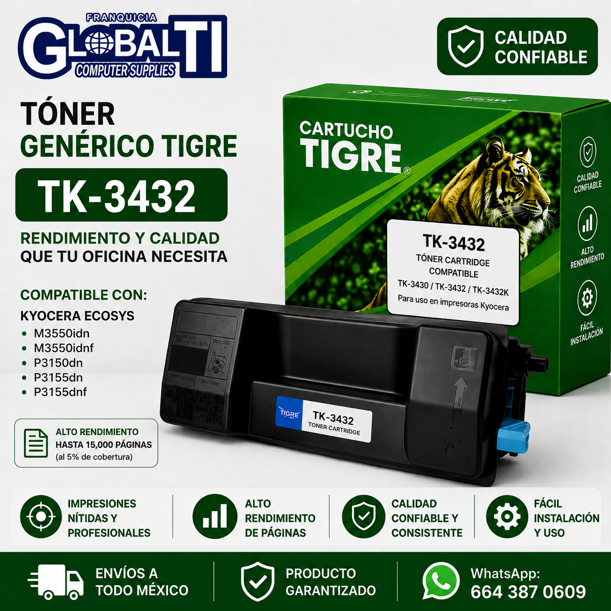Tóner Genérico Tigre TK-3432 Negro Calidad Estándar para 21,000 páginas.