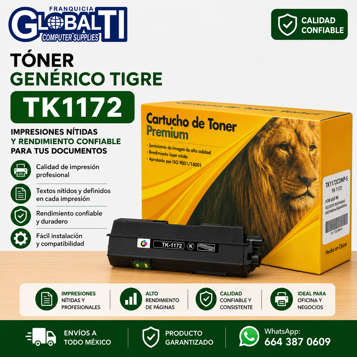 Tóner Genérico Leon TK1172 Negro Calidad Premium para 7,200 páginas.