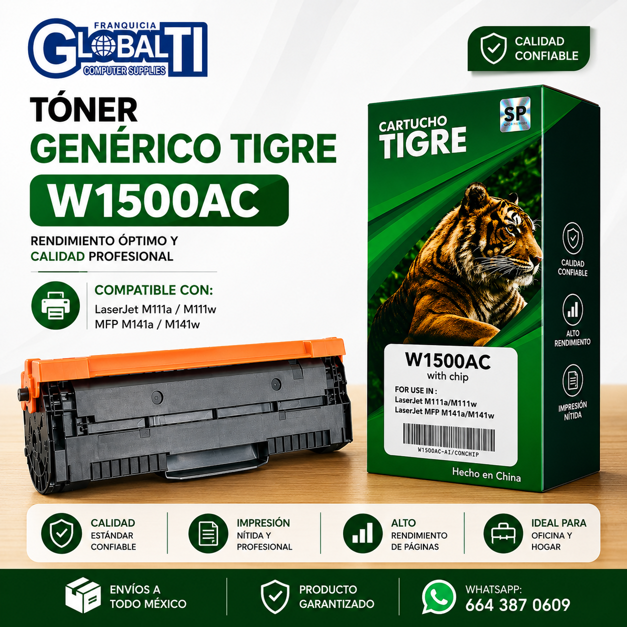 Tóner Genérico Tigre W1500AC Negro Calidad Estándar para 975 páginas.