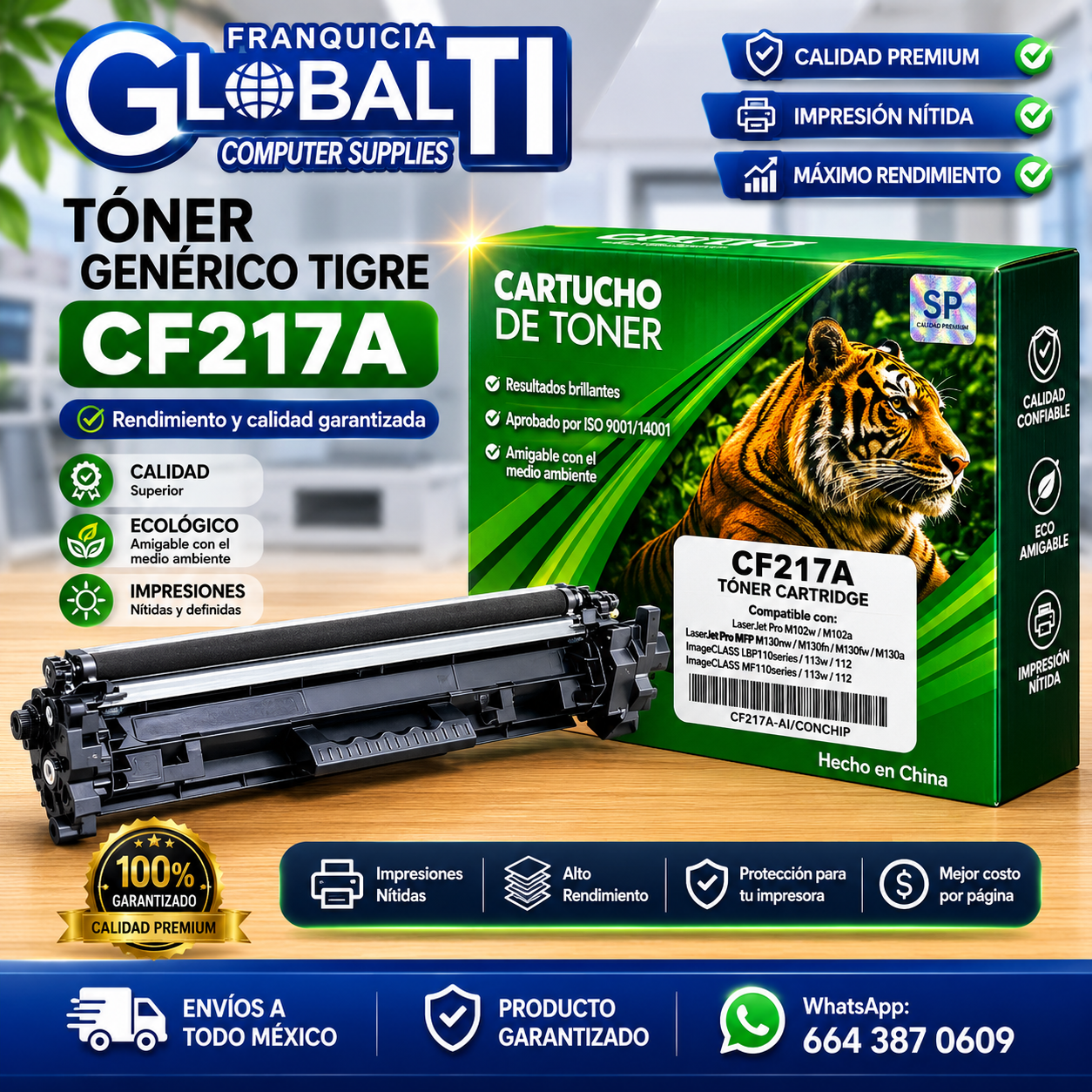 Tóner Genérico Tigre CF217A Negro Calidad Estándar para 1,600 páginas.