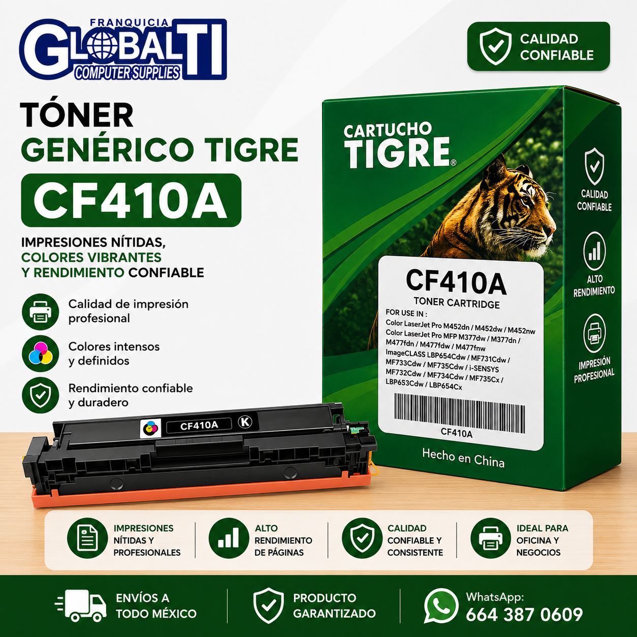 Tóner Genérico Tigre CF410A Negro Calidad Estándar para 2,300 páginas.