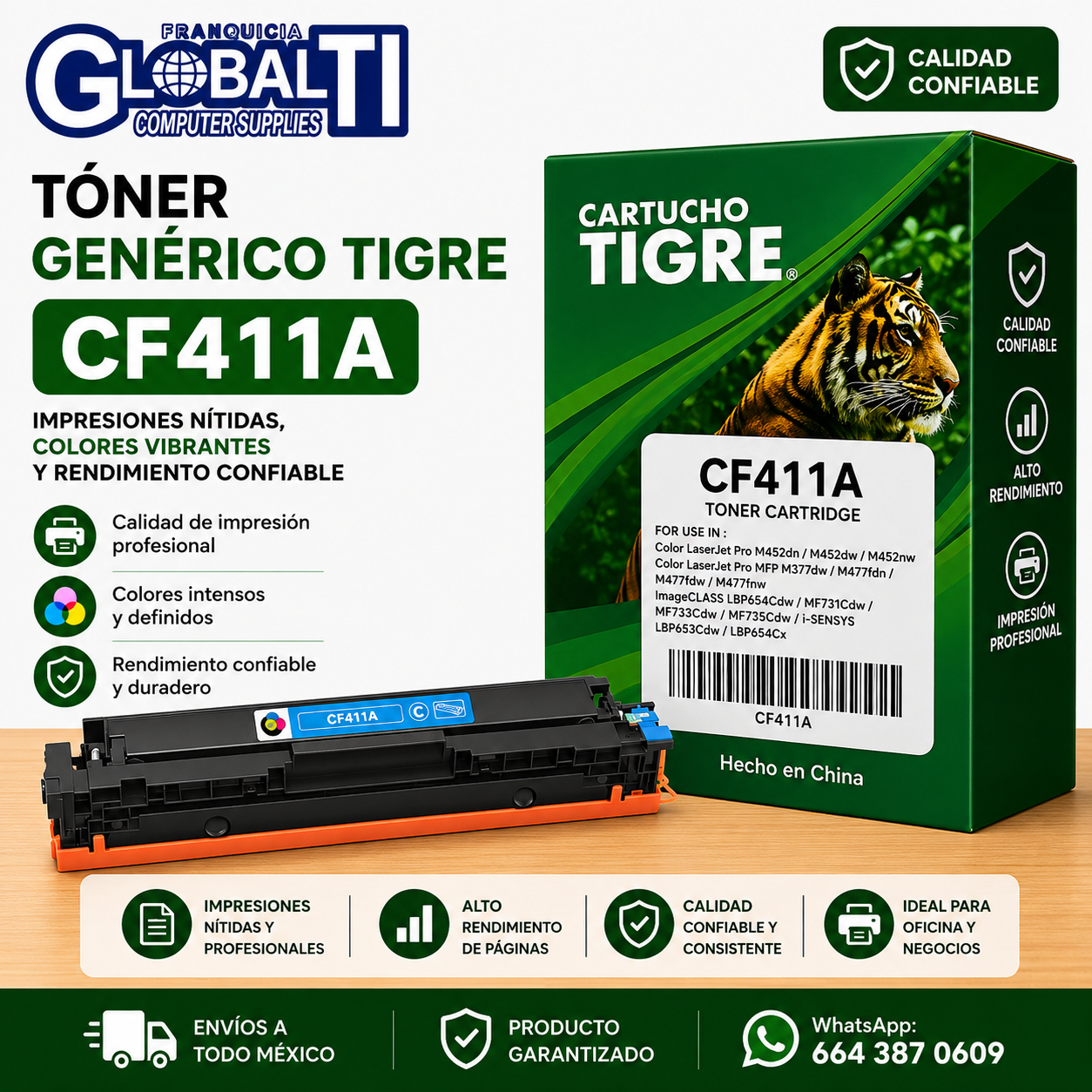 Tóner Genérico Tigre CF411A Cyan Calidad Estándar para 2,300 páginas.