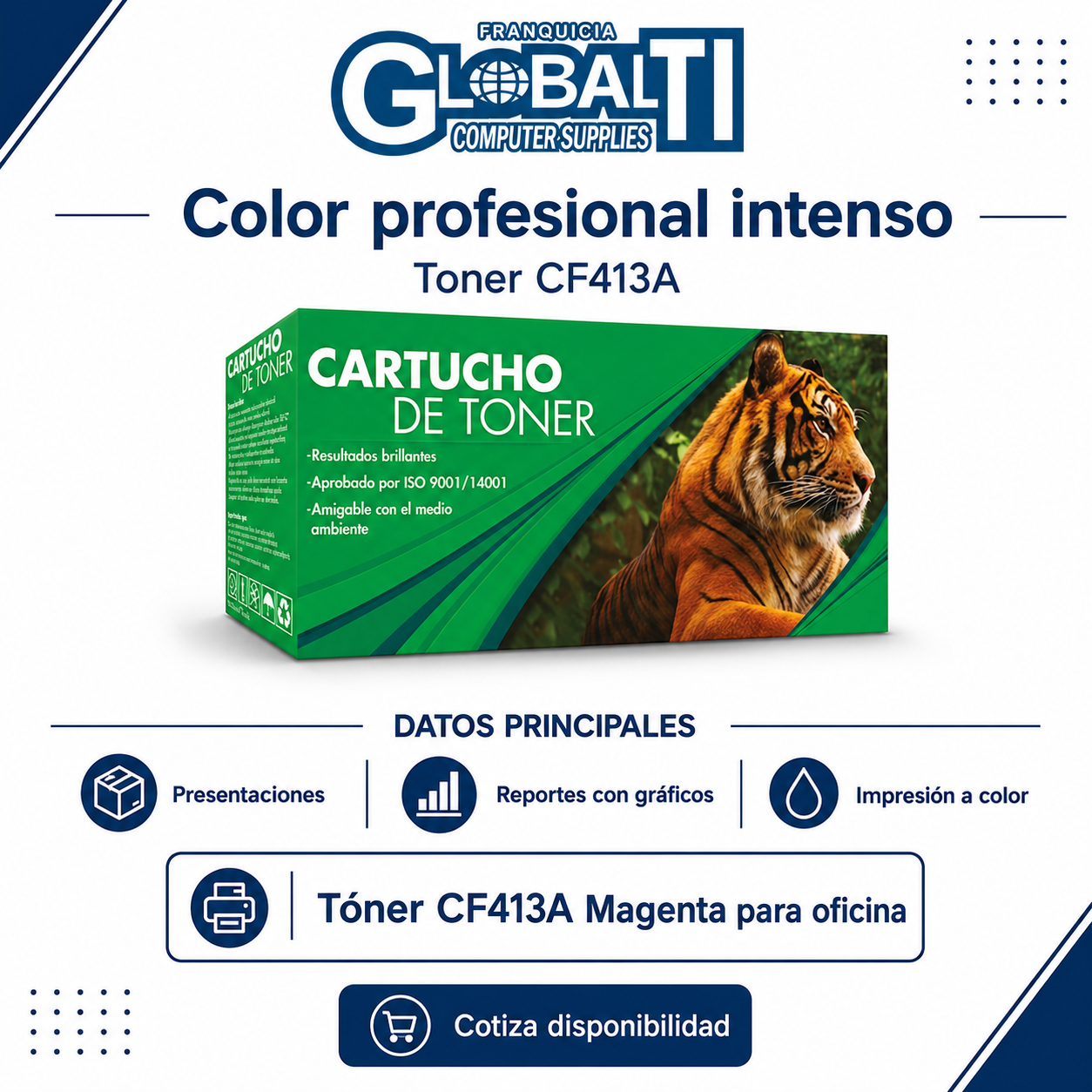 Tóner Genérico Tigre CF413A Magenta Calidad Estándar para 2,300 páginas.