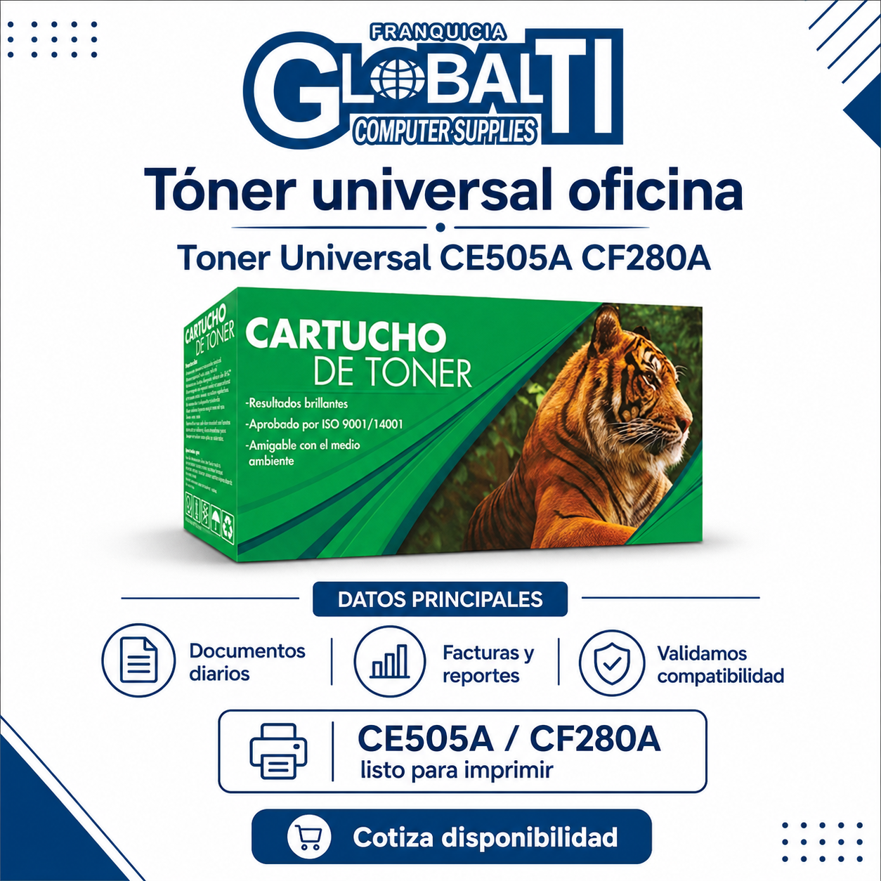 Tóner Universal Tigre CE505A CF280A Negro Calidad Estándar para 2,700 páginas.