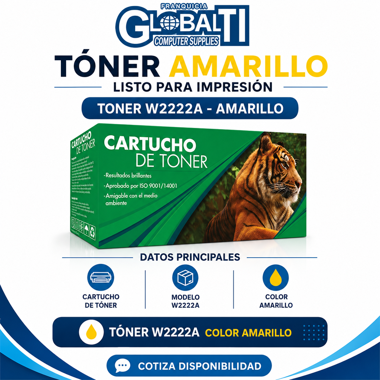Toner Generico Tigre W2222A Amarillo Calidad Estándar para 1,200 páginas.