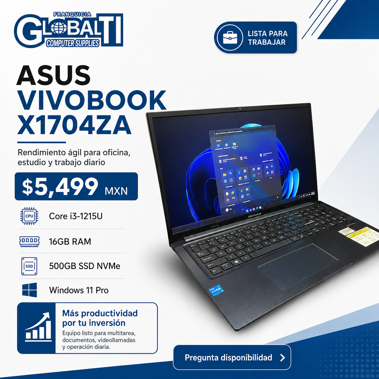 Notebook Asus Vivobook X1704ZA Core i3 16GB 500GB SSD W11